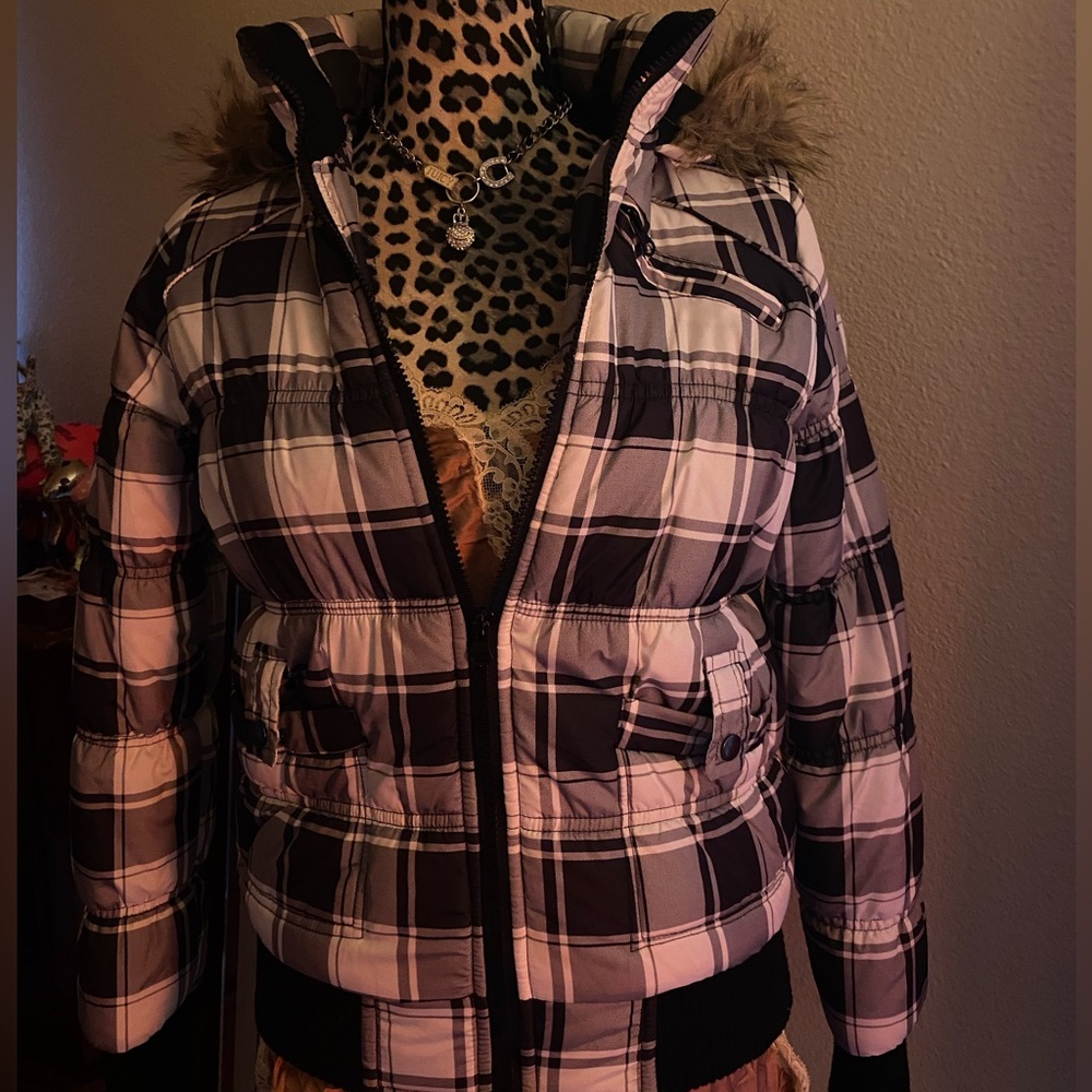 Y2K CoffeeShop Plaid Puffer Jacket with Fur Trim